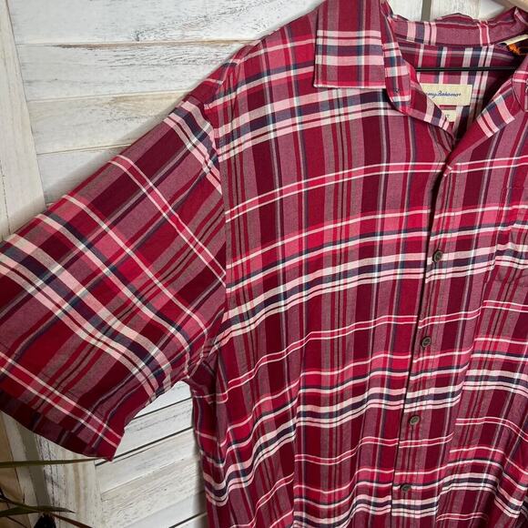 TOMMY BAHAMA Men's L Silk Red Plaid Button Front Casual Shirt Short Sleeve - Picture 8 of 12